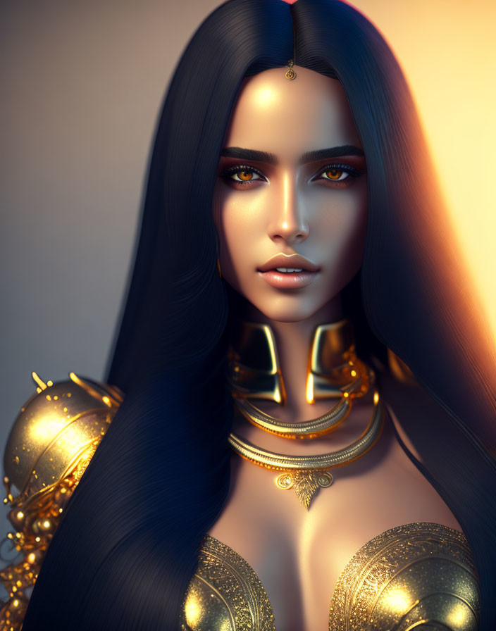 3D-rendered portrait of a woman with dark hair, amber eyes, and royal attire