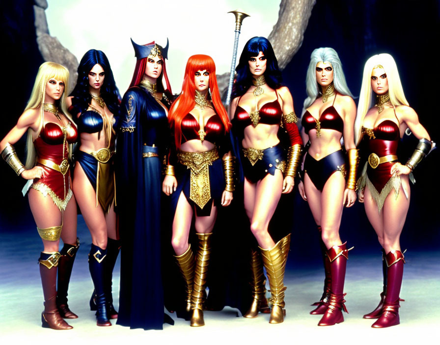 Six women in fantasy warrior costumes with armor and weapons on gray background.