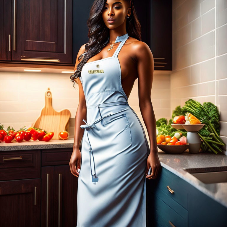 Stylish woman in blue dress in modern kitchen with spatula, vegetables, and fruits