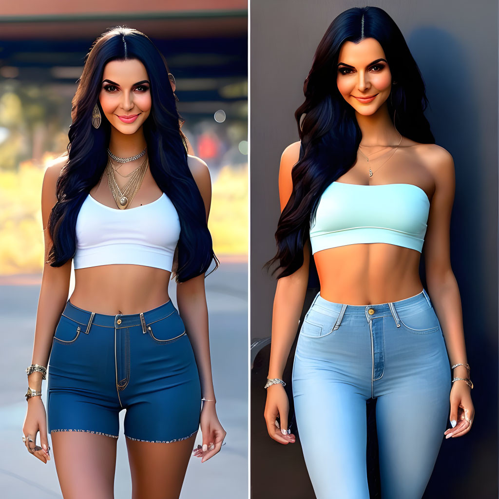 Comparison of real vs. animated woman with long dark hair in crop top & shorts