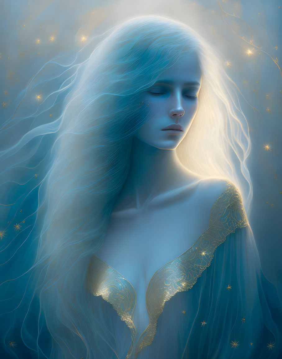 Woman with Long Flowing Hair and Blue Starry Aura in Mystical Illustration