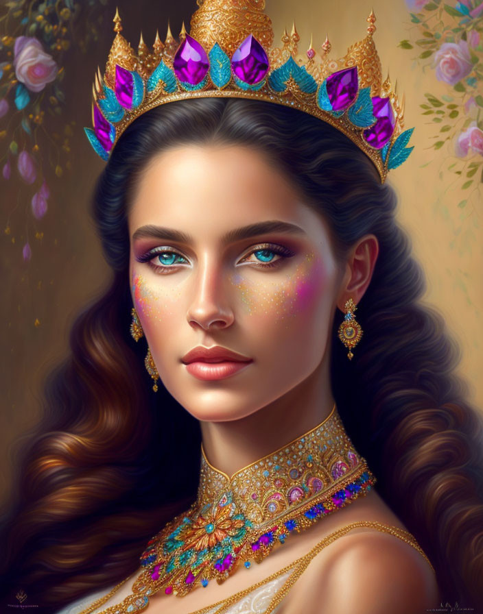 Fantasy-inspired digital portrait of a woman with golden crown and iridescent makeup