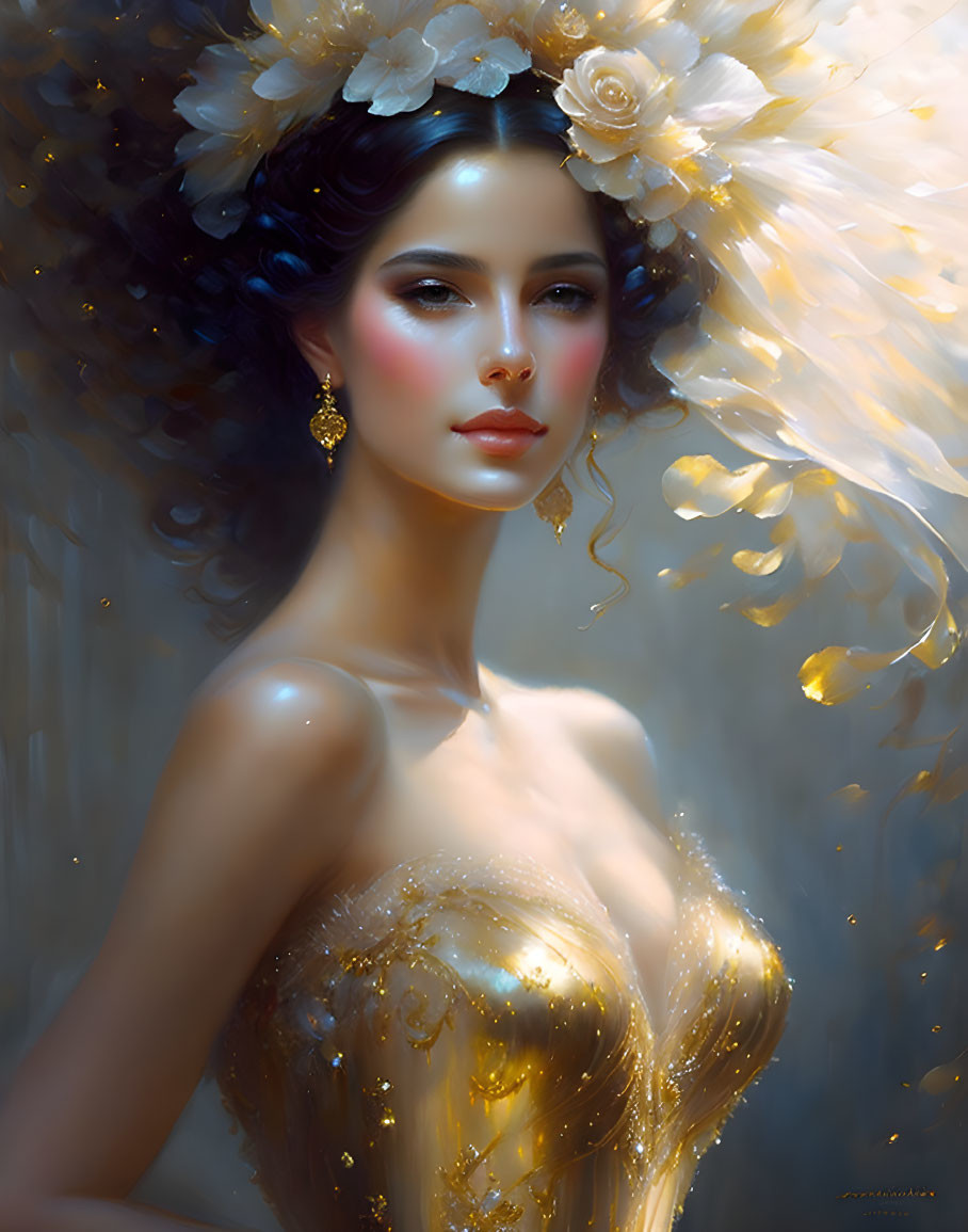 Dark-haired woman in golden gown with glowing accents and white flowers.