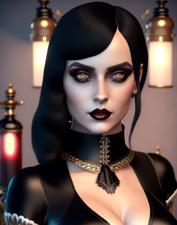 3D-rendered female character with gothic makeup and choker in black outfit against lantern backdrop