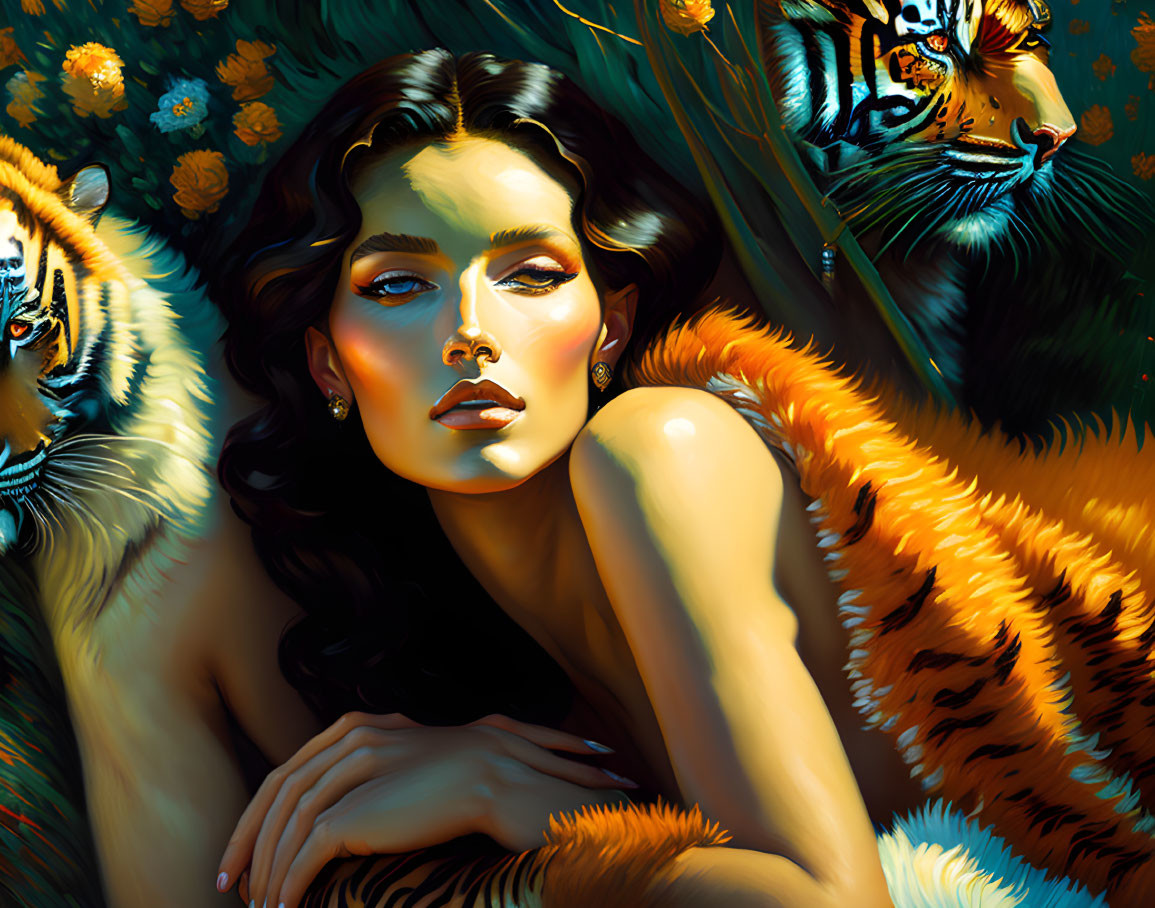 Dark-haired woman reclines with tigers in lush greenery and orange flowers.