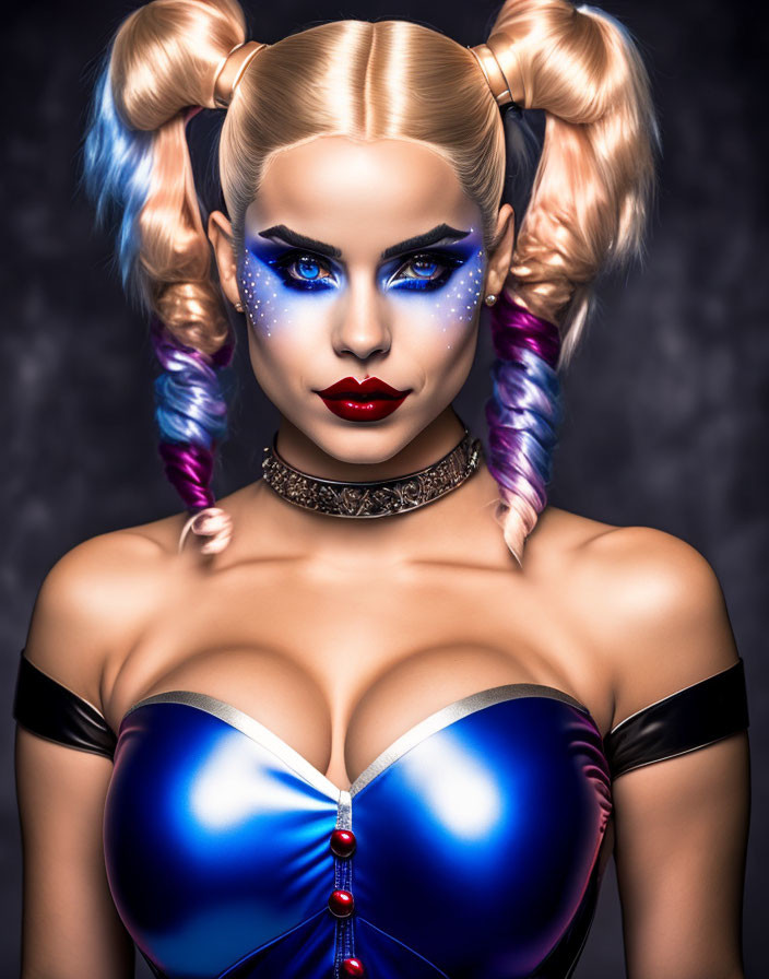 Blonde woman with blue makeup, star designs, pigtails, corset.