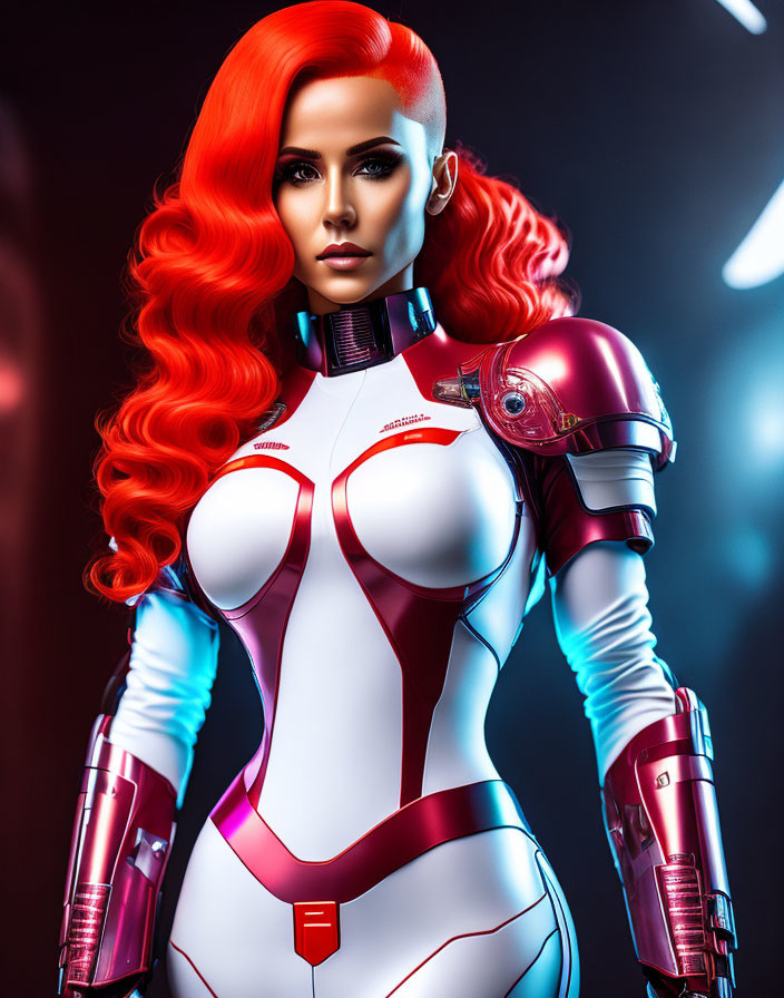 Futuristic female figure with red hair in white and red suit