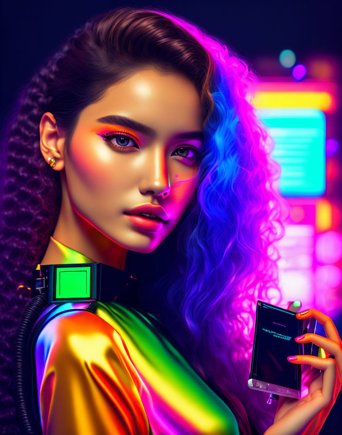 Colorful cyberpunk portrait of woman with smartphone, neon lights, futuristic fashion & holographic makeup.