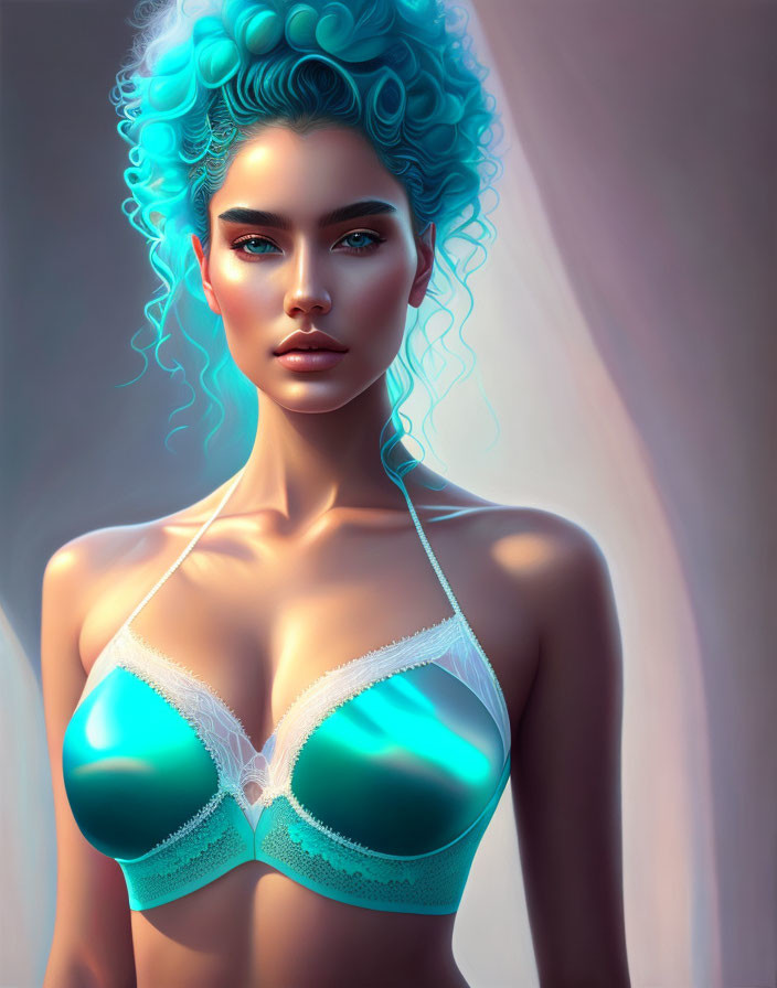 Blue Curly-Haired Woman in Turquoise Lingerie on Gradient Background