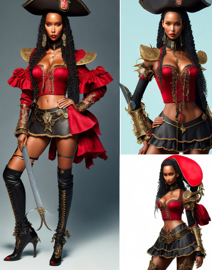 Stylized pirate costume with tricorne hat, corset, frilly sleeves, and sword