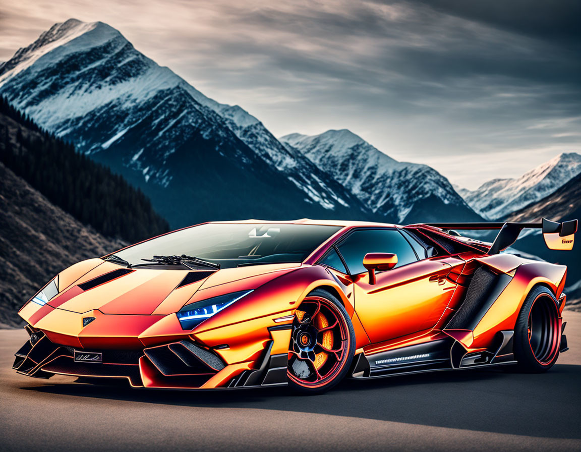 Orange Lamborghini Aventador SVJ with Black Accents Against Mountain Sunset