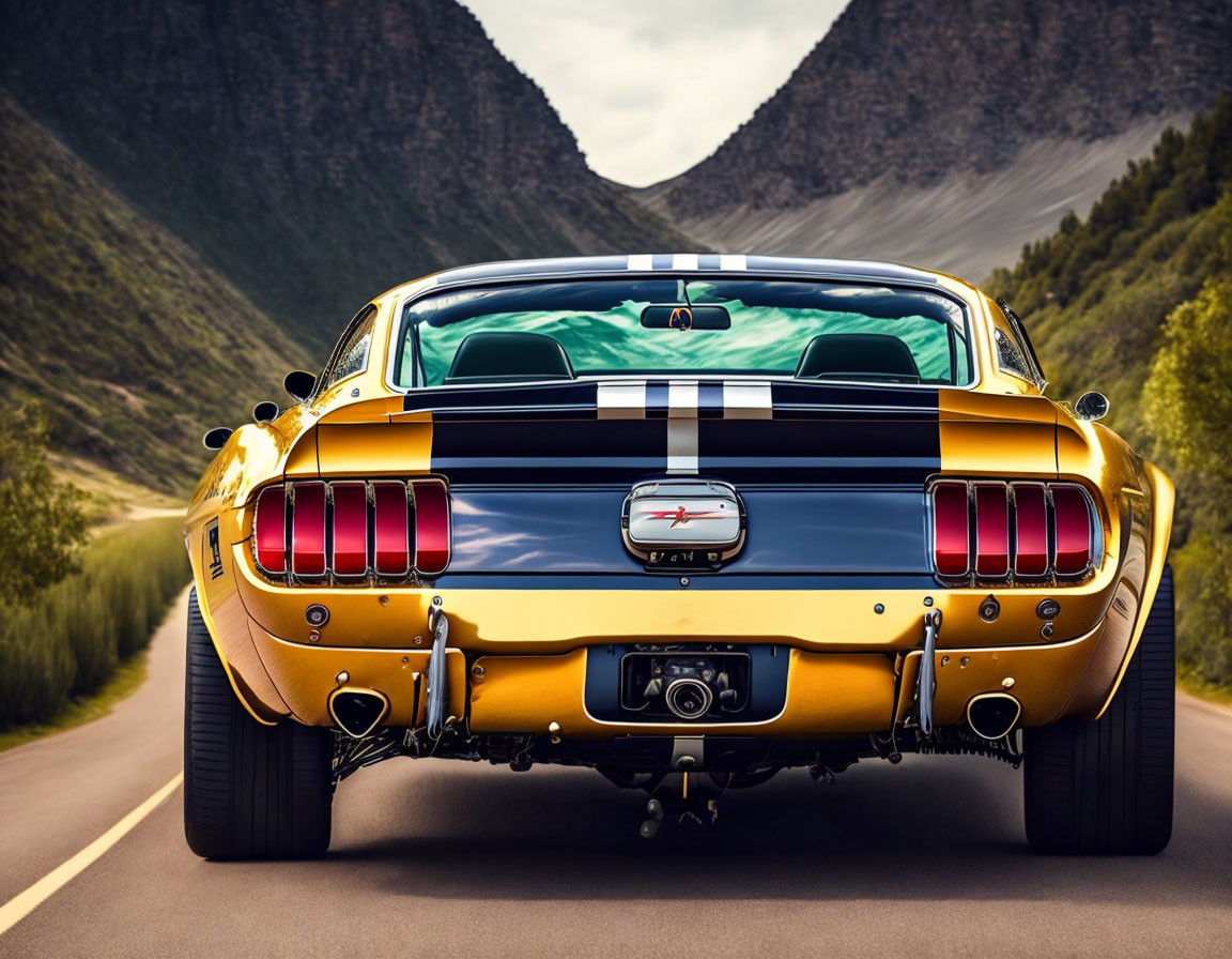 Yellow Mustang with White Racing Stripes on Mountain Road