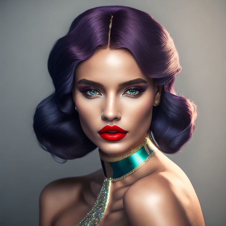 Vibrant digital portrait of a woman with purple hair and green eyes