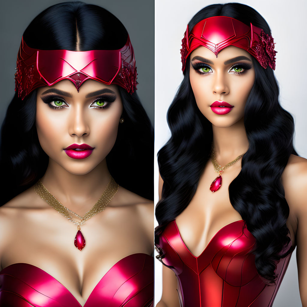 Woman with green eyes in red headpiece and bodice, black wavy hair, golden necklace