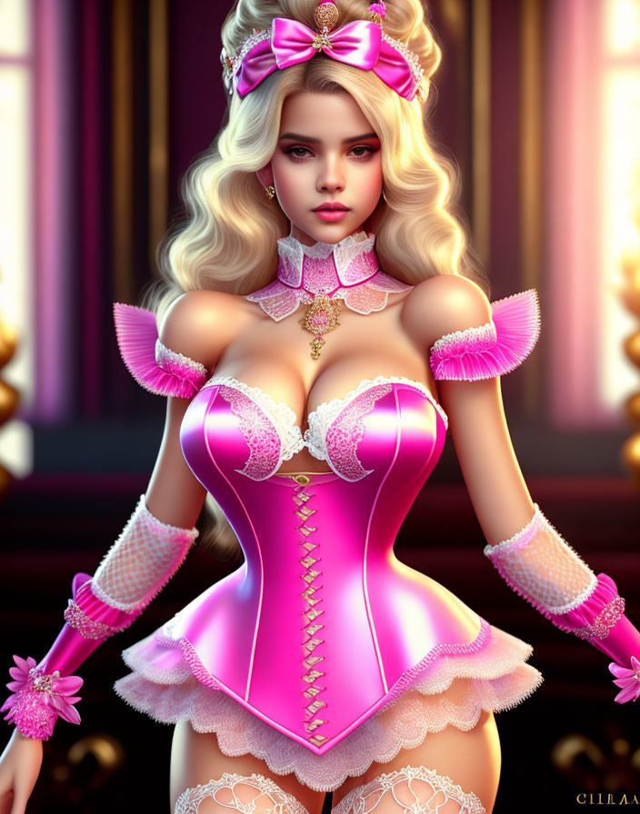 Blonde Woman in Pink Corset with Bow and Gloves on Luxurious Background