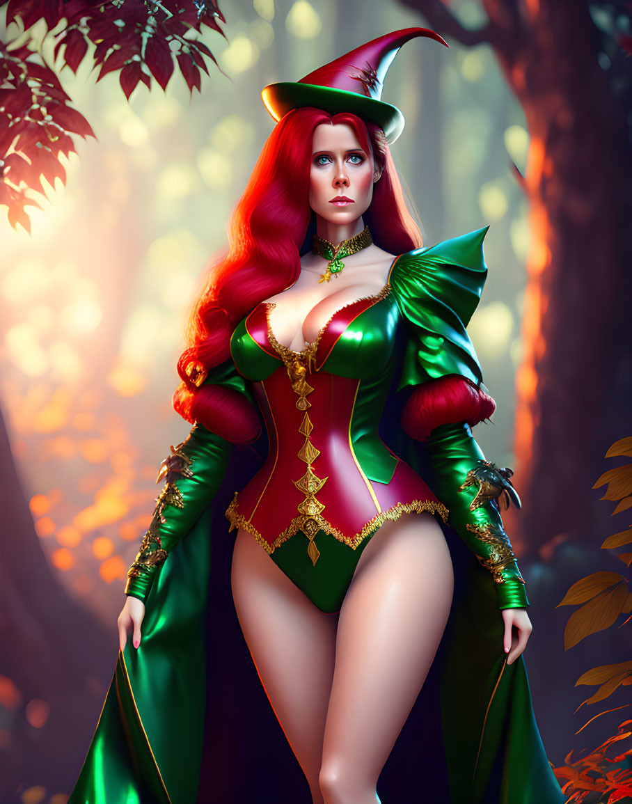 Fantasy-themed illustration of red-haired woman in medieval costume in enchanted forest