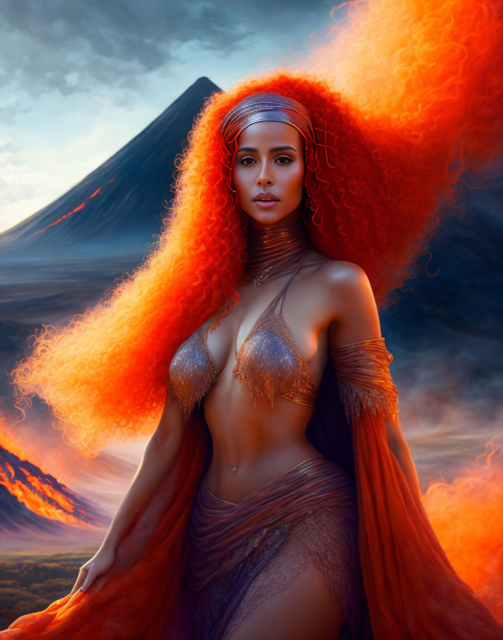 Fiery red-haired woman in mystical attire before erupting volcano