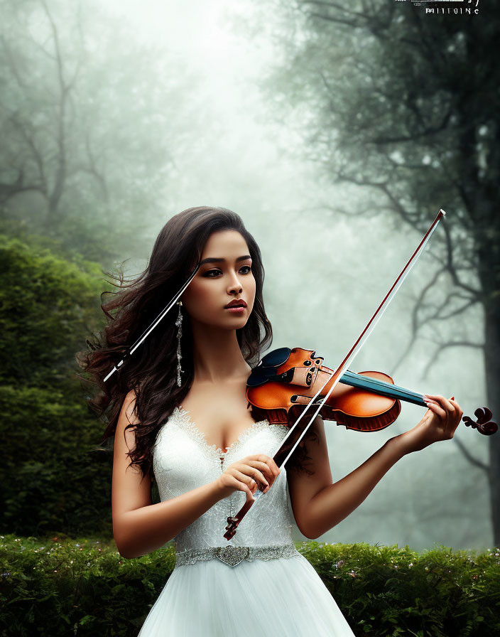 Woman in White Dress Playing Violin in Misty Forest