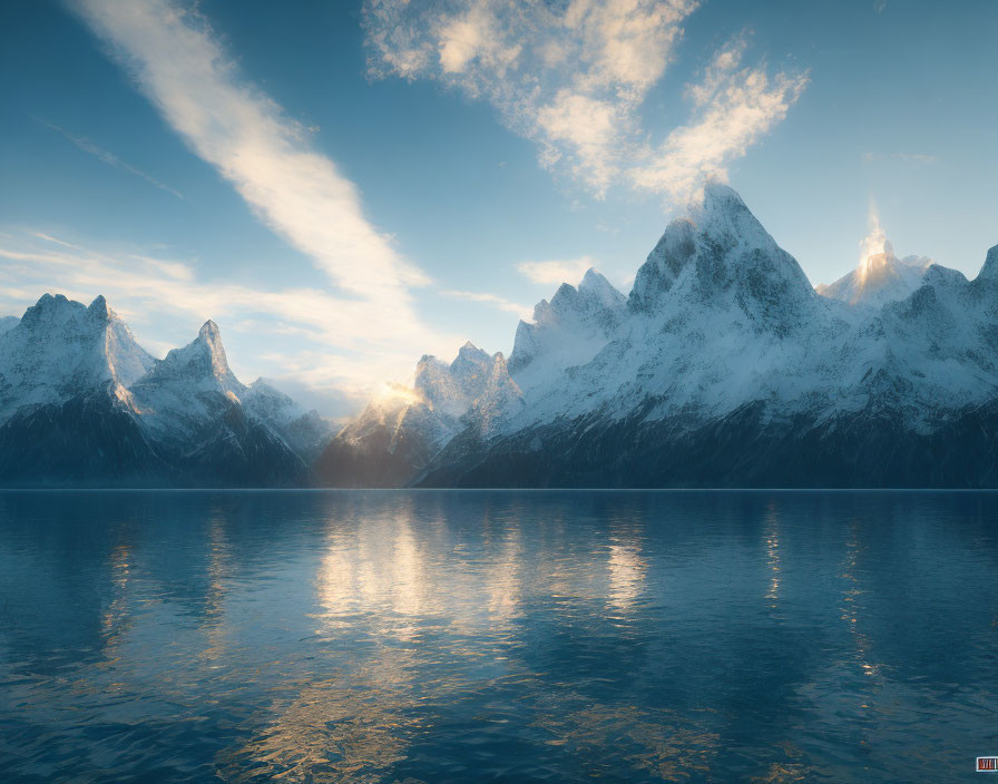 Snowy Peaks Sunset Reflecting on Calm Lake