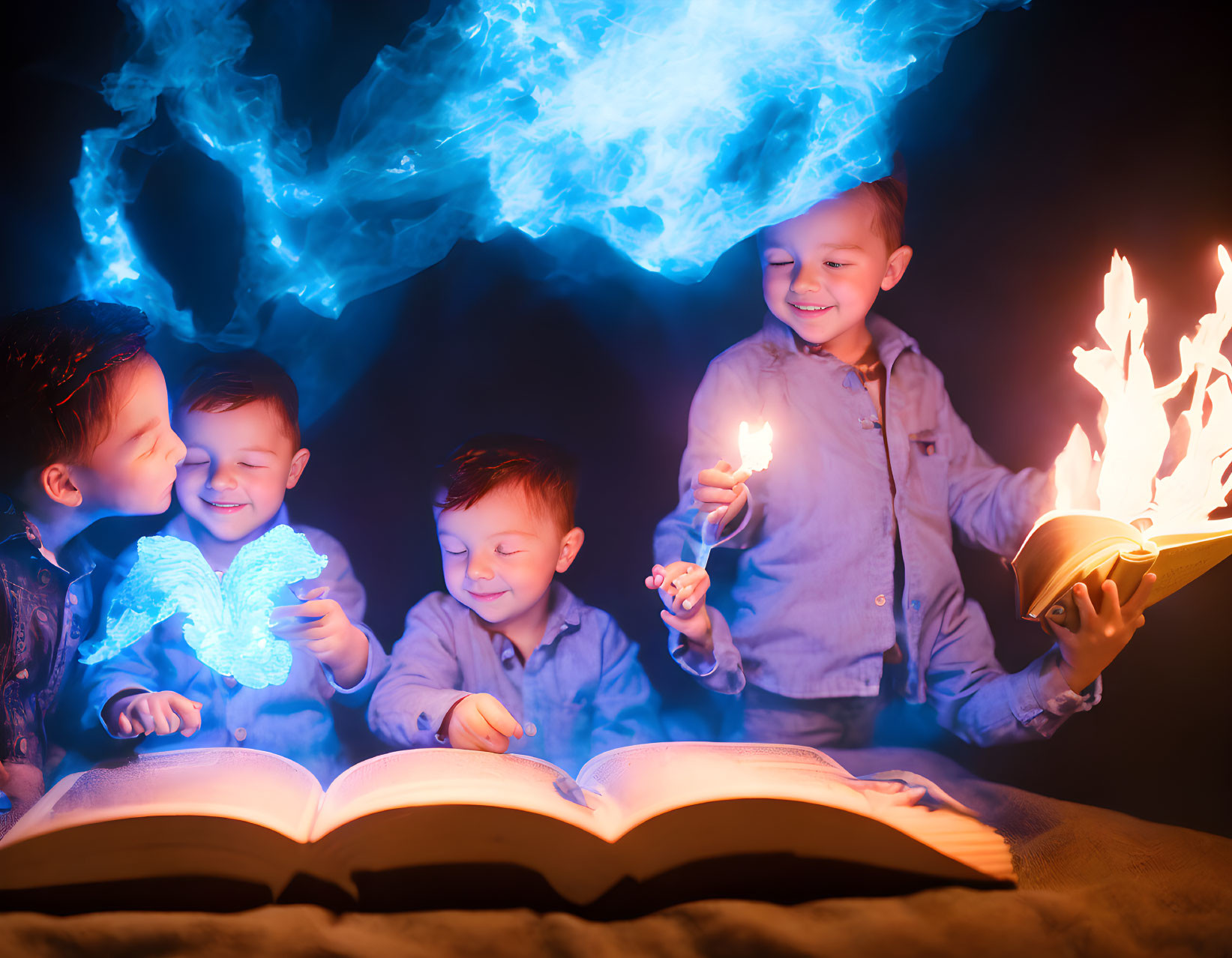 Children mesmerized by magical book with fire and blue energy in mystical scene