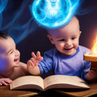 Children mesmerized by magical book with fire and blue energy in mystical scene