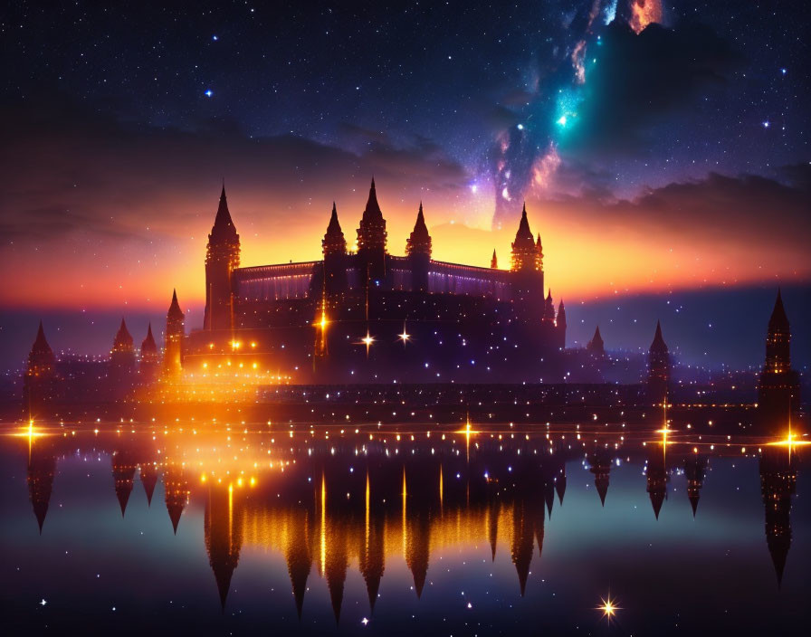 Fantastical castle silhouette at twilight with stars and nebula over tranquil water