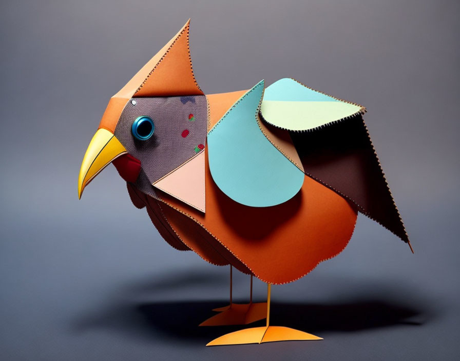 Colorful Paper Craft Bird Model with Prominent Beak on Gray Background