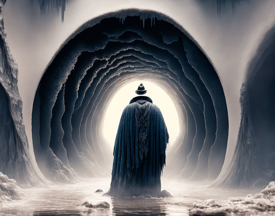 Mysterious figure at ice cave entrance with circular patterns