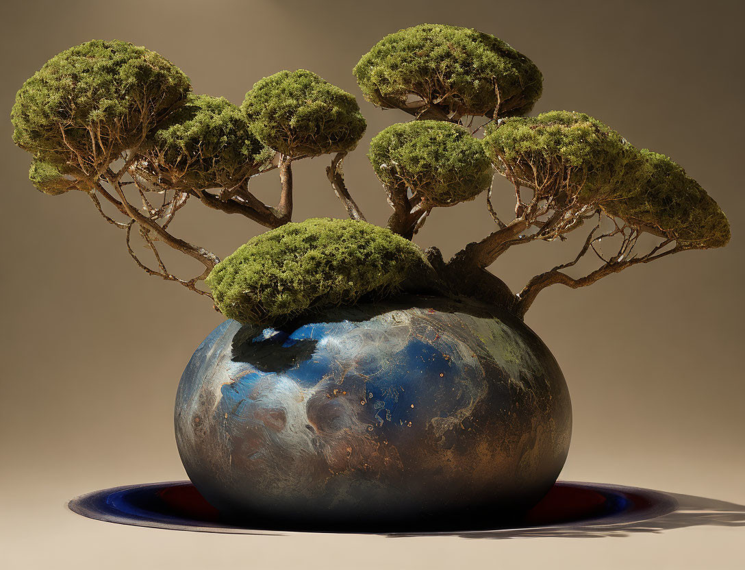 Lush green bonsai tree on Earth globe backdrop