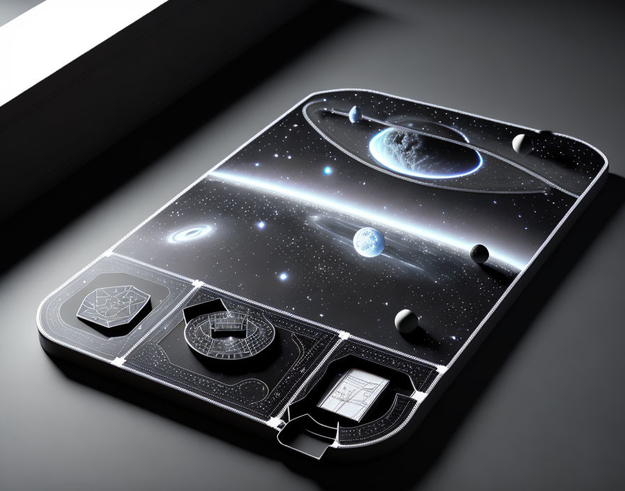 Cosmic-themed futuristic smartphone with space visuals and interactive 3D controls