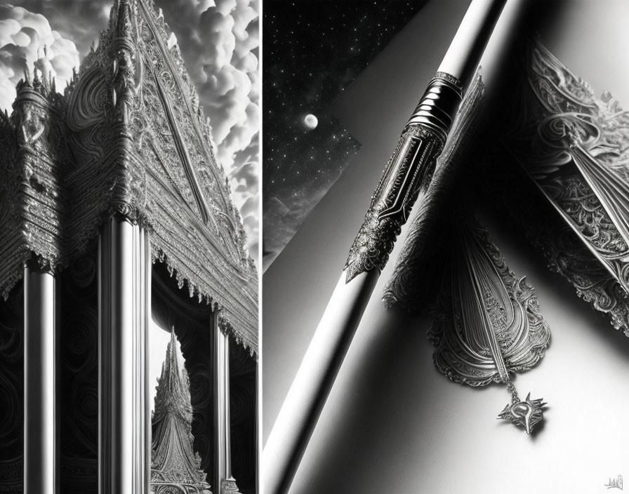 Monochromatic architectural structure and ornate pen against cosmic backdrop