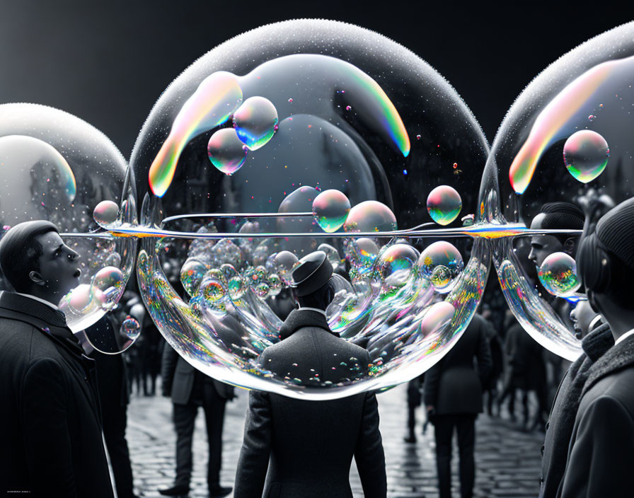 Monochrome setting with people and vibrant soap bubbles