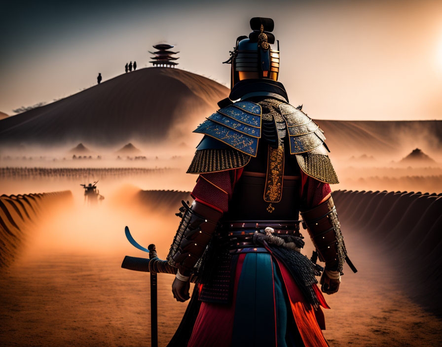 Traditional samurai in armor against desert backdrop with warriors silhouette