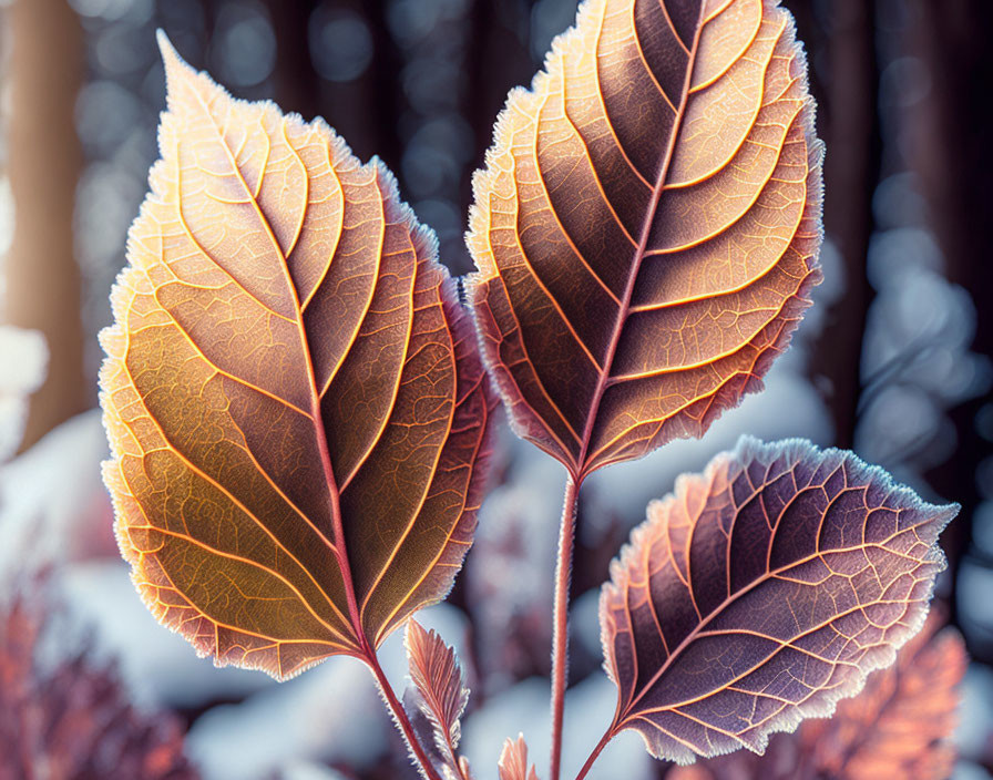 Detailed Frosty Edged Leaves Against Soft Forest Background