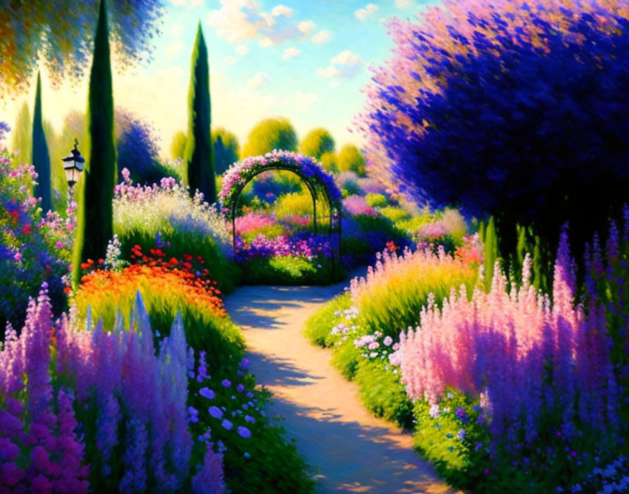 Colorful Flower Garden with Central Pathway and Arch, Surrounded by Trees and Lamp Post