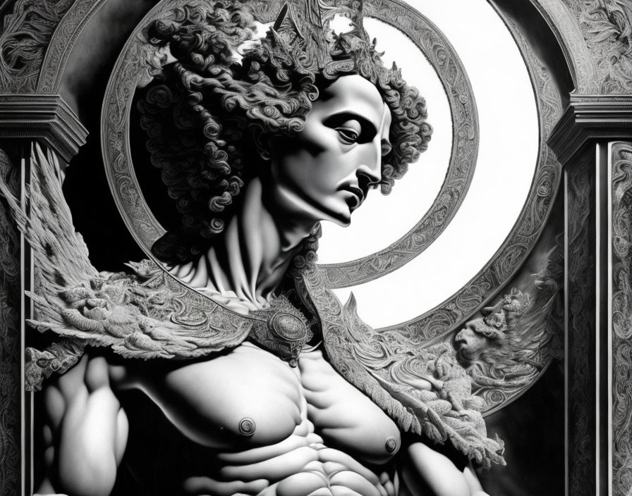 Monochromatic sculpture of noble figure in ornate armor and curly hair against arched backdrop