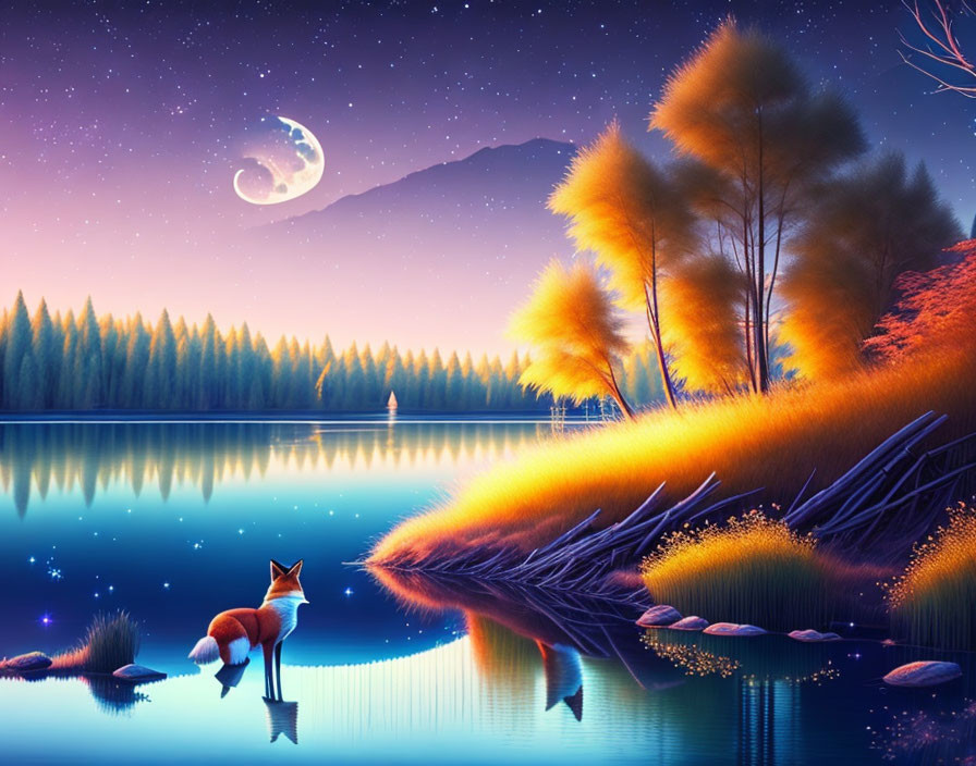 Fox by Tranquil Lake with Starry Sky and Crescent Moon