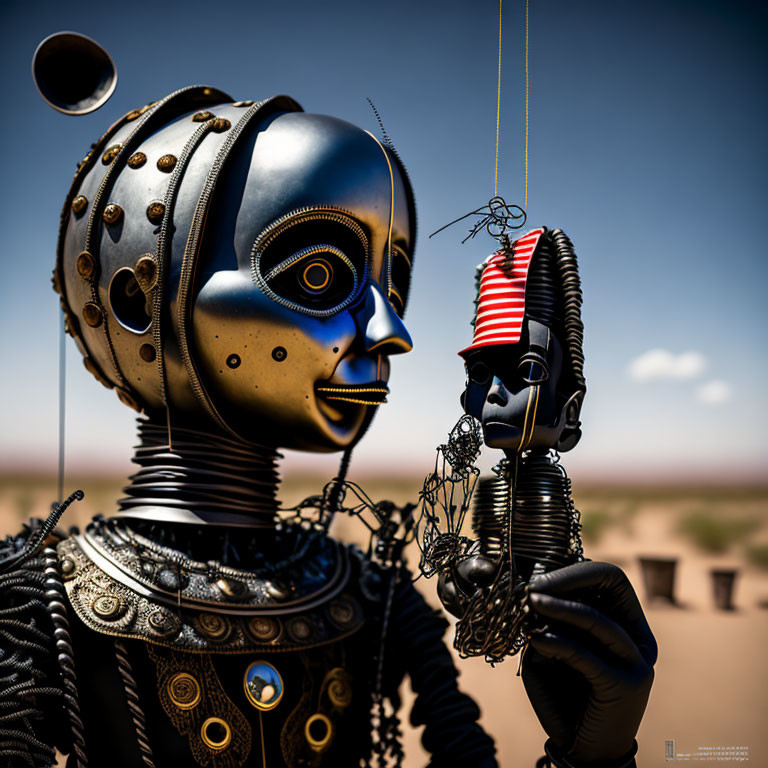 Stylized image of two humanoid robots in desert setting