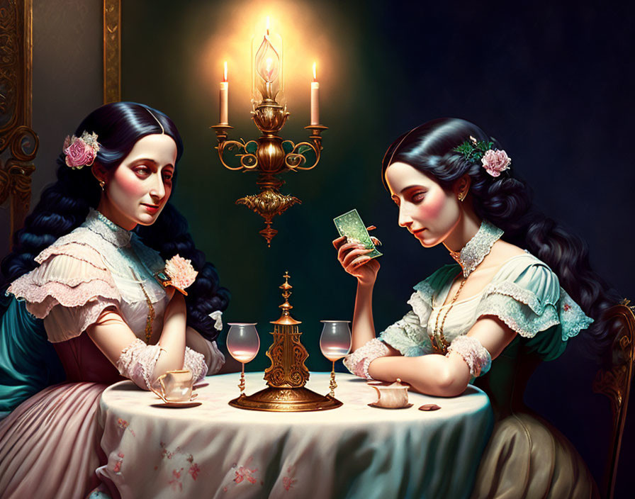 Vintage Attired Women at Table with Candelabra and Tarot Card in Moody Lighting