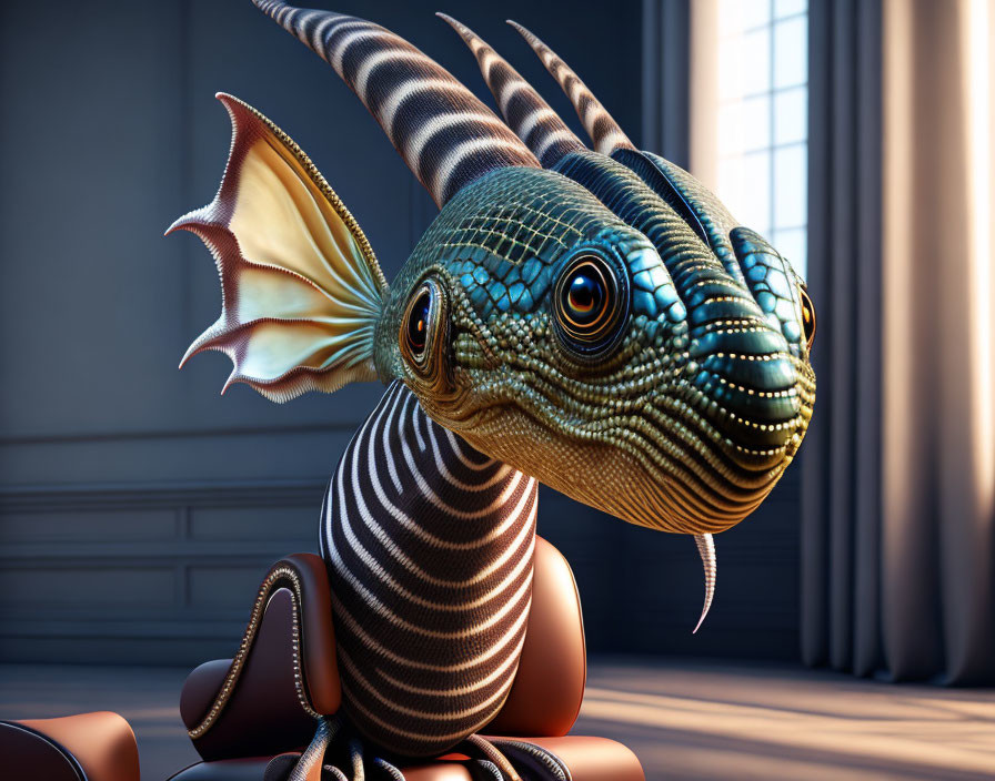 Whimsical digital artwork of creature with lizard-like head and striped body in room with curtains