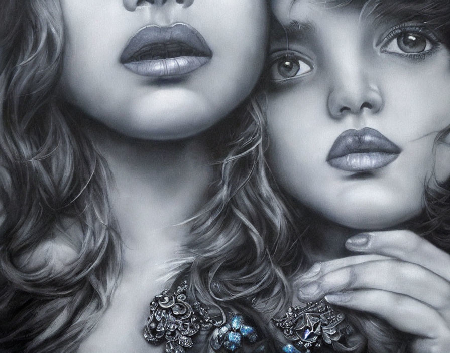 Detailed grayscale artwork featuring two women with intricate jewelry, expressing emotion through captivating gazes