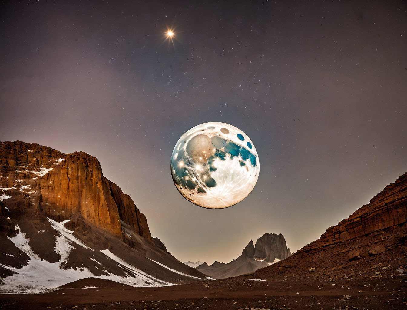 Giant Earth-like moon over twilight mountain landscape