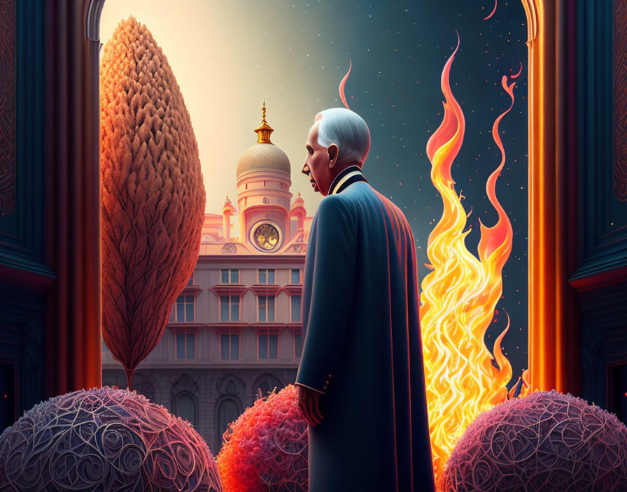 Elderly man in front of fantastical scene with ornate topiary and ethereal flames