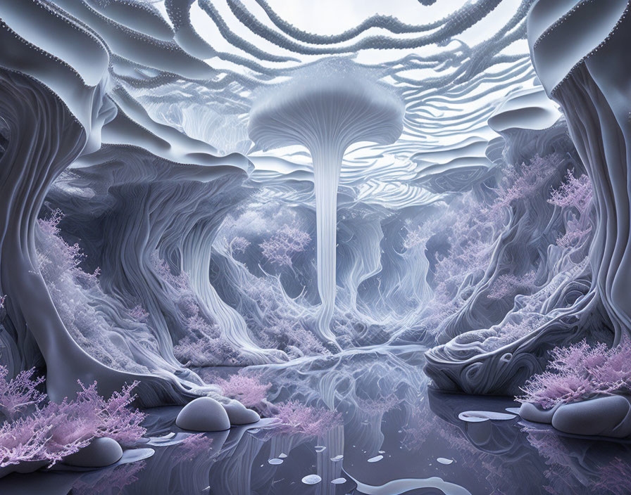 Monochrome surreal landscape with giant mushroom structure surrounded by wavy terrains and coral-like trees