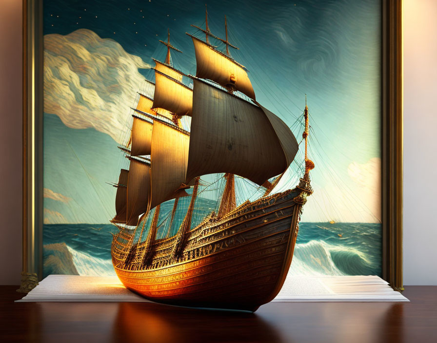 3D sailing ship emerging from open book with stormy seas backdrop