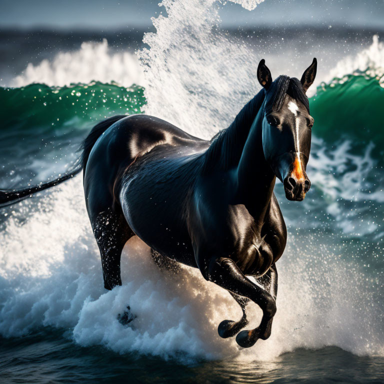 Black horse galloping in sea waves - Powerful and graceful image