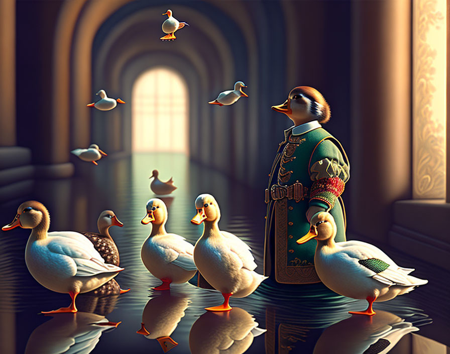 Regal humanoid duck surrounded by group in grand hall