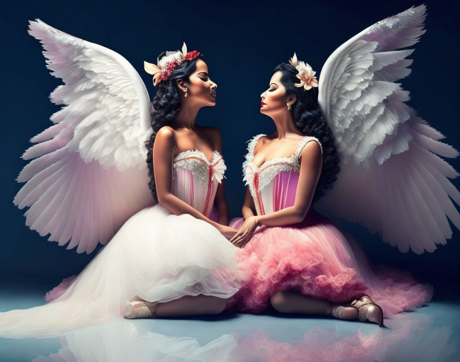 Two women with angel wings in white and pink dresses sitting against dark background