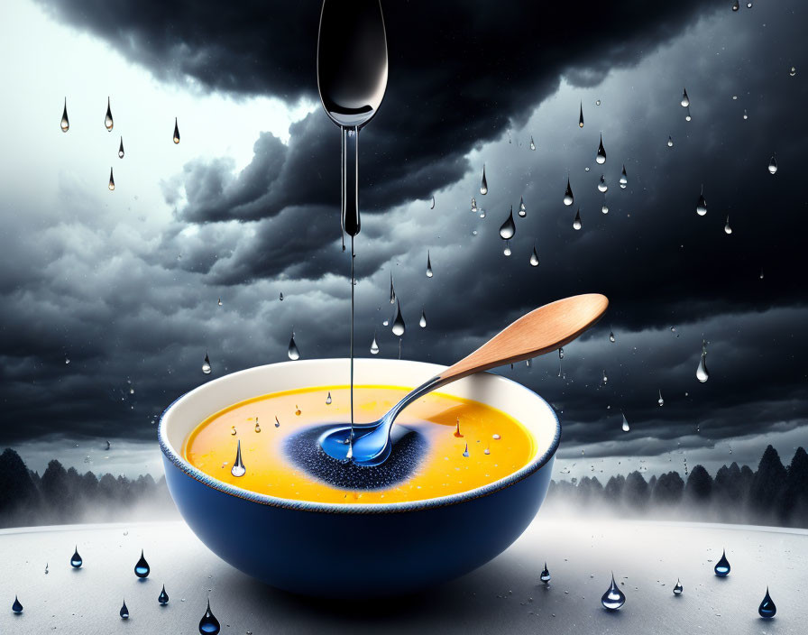 Surreal image of large blue bowl with orange liquid under stormy sky