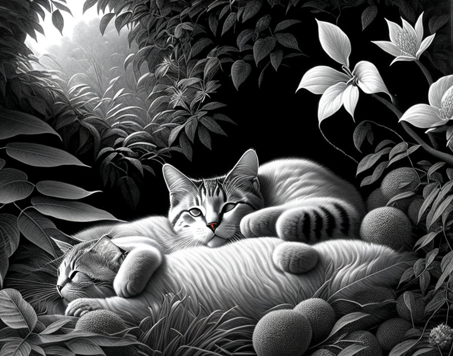 Greyscale image of two cats amidst lush foliage